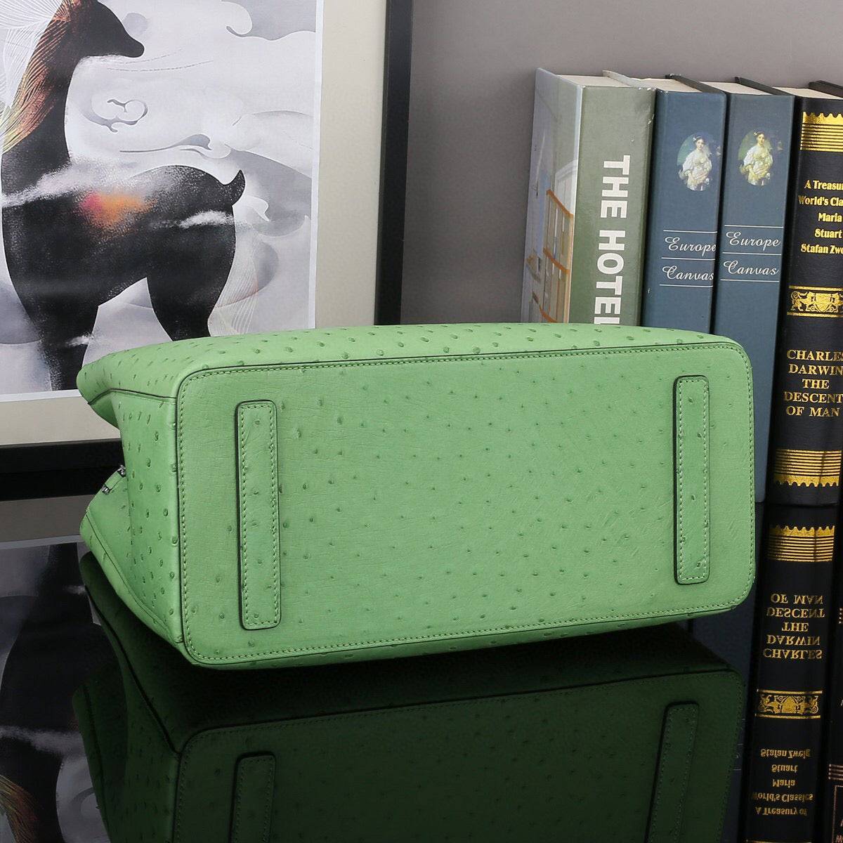 Green ostrich leather shoulder handbag with top handle, 32cm size, by Rossie Viren. Stylish and textured fashion accessory.