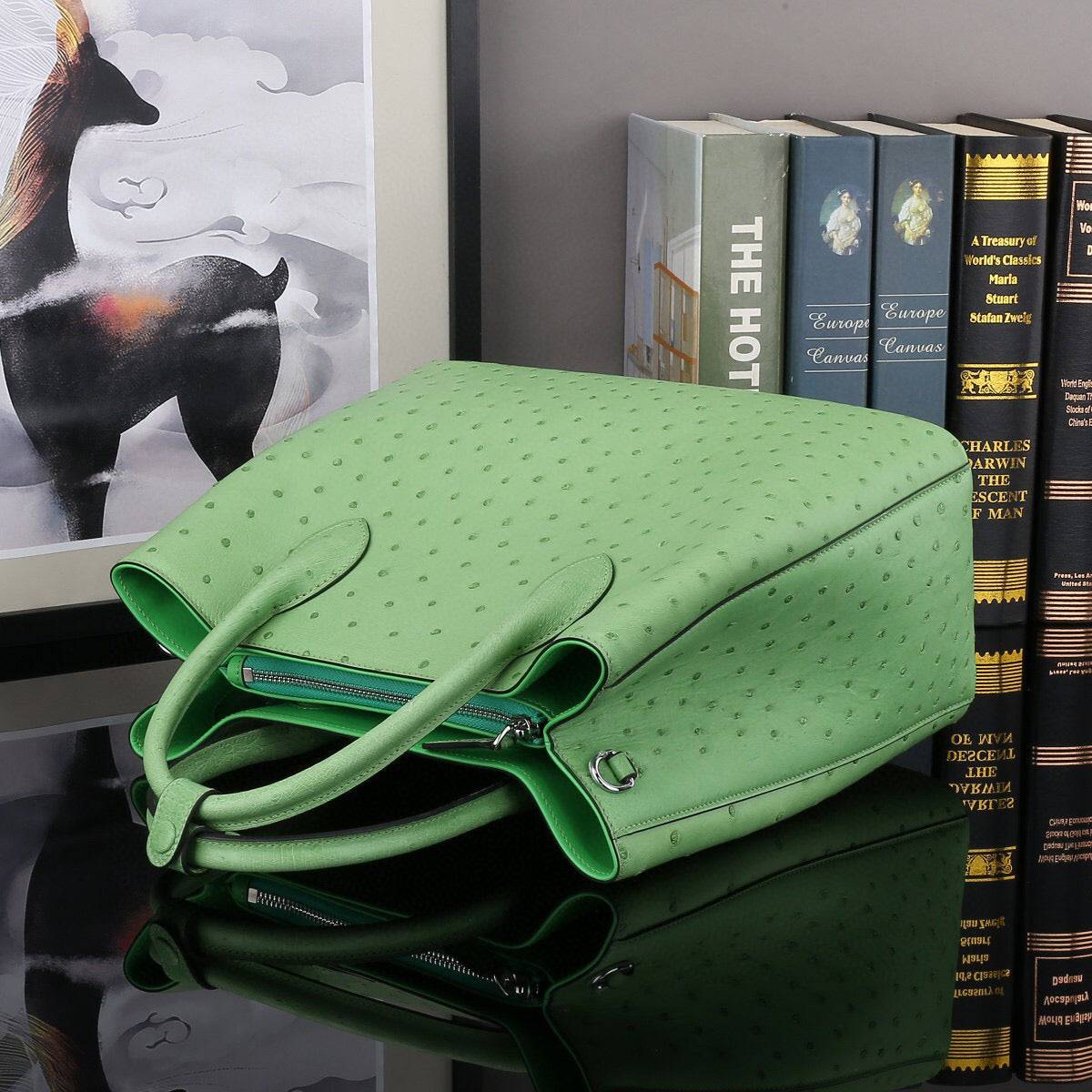 Green ostrich leather top handle shoulder bag by Rossie Viren, 32cm handbag with textured, luxurious leather and elegant design.