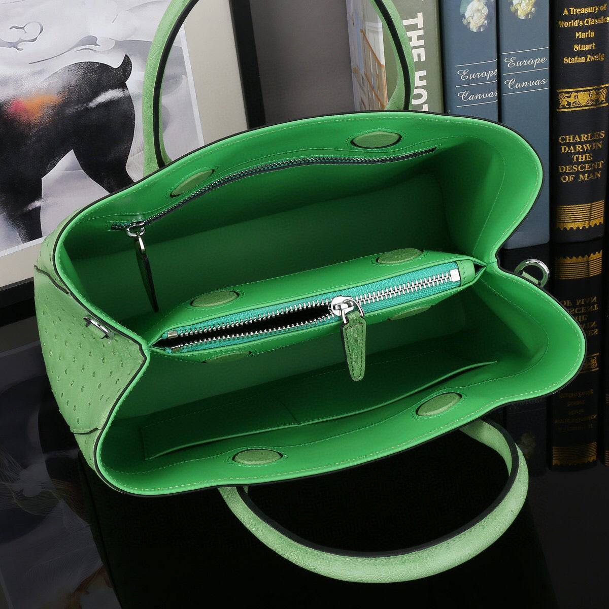Green Rossie Viren ostrich leather top handle shoulder bag, 32cm handbag with textured, luxurious leather and elegant design.