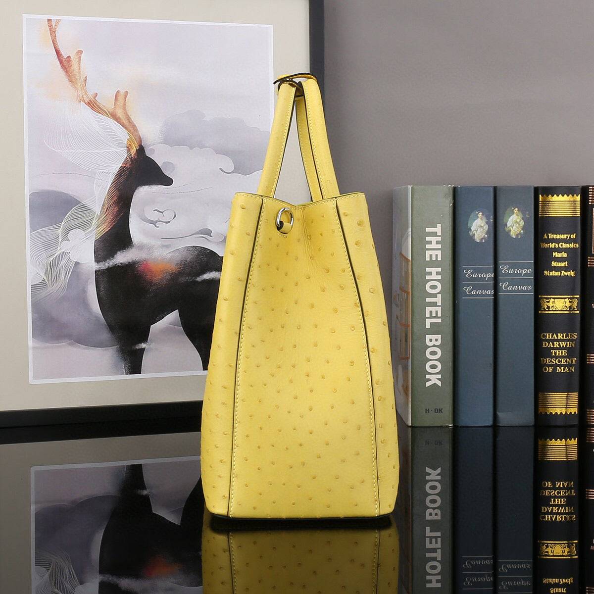 Yellow ostrich leather shoulder handbag with top handle, 32cm size, by Rossie Viren, featuring a sleek, stylish design.