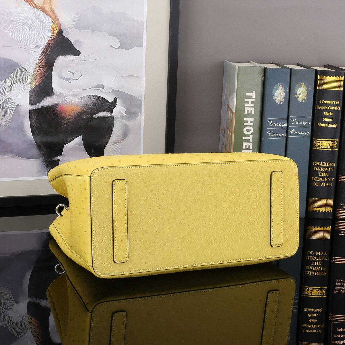 Yellow ostrich leather handbag with top handle, 32cm size, by Rossie Viren, stylish shoulder bag with textured leather.