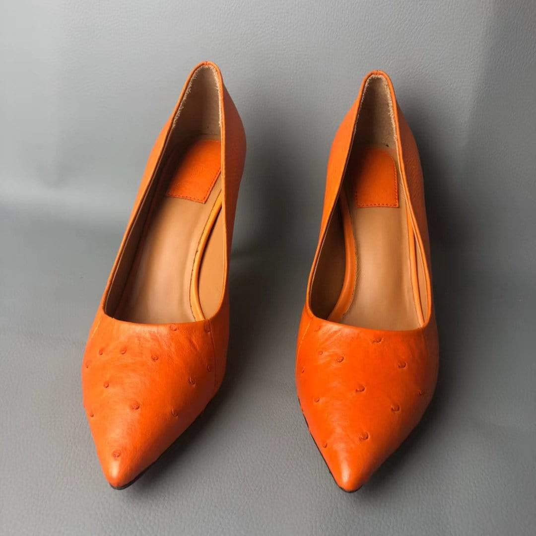Rossie Viren crocodile and ostrich leather women's high heel pumps with sleek design and stylish pointed toes.