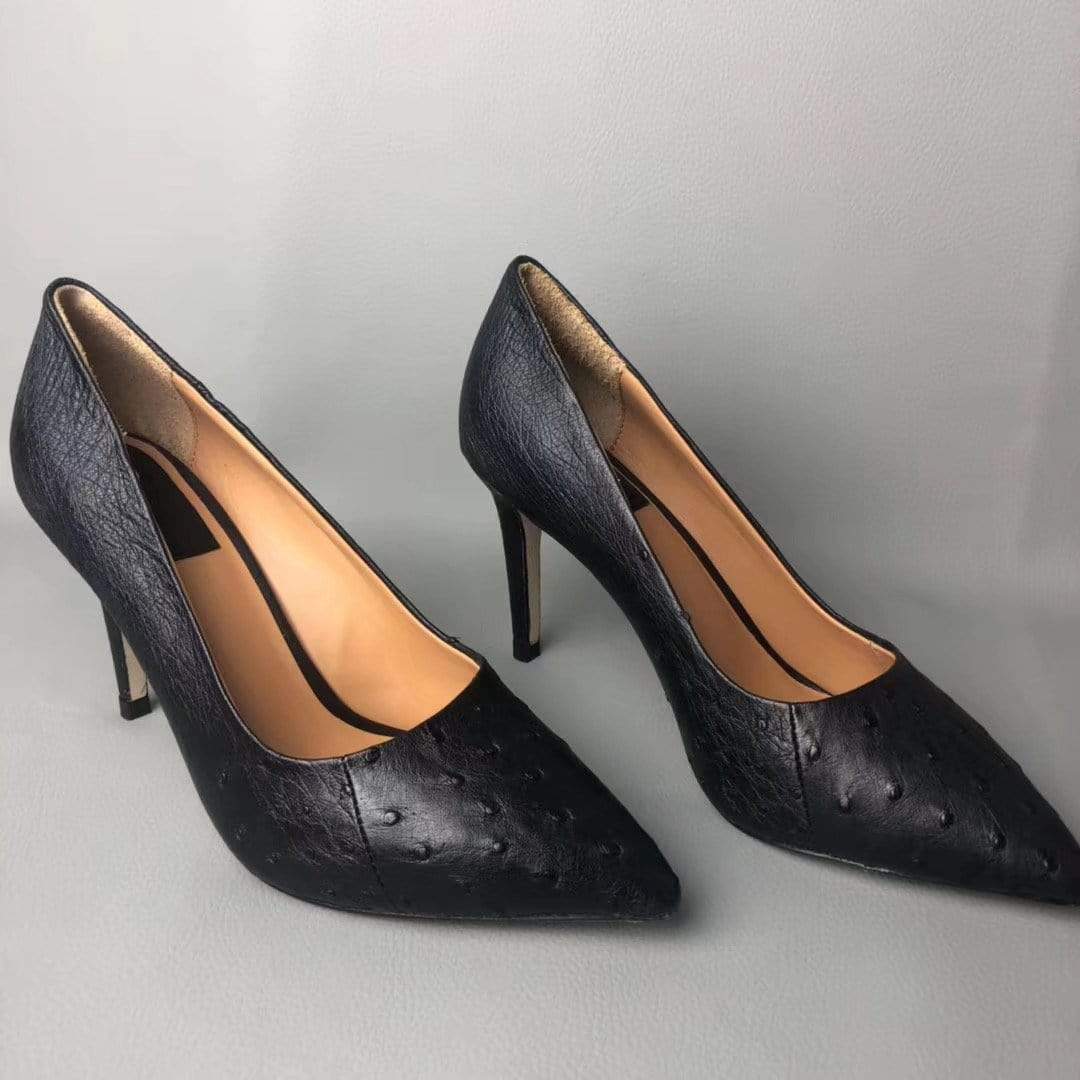 Rossie Viren crocodile and ostrich leather women's high-heeled pumps showcasing elegant design and textured leather finish.
