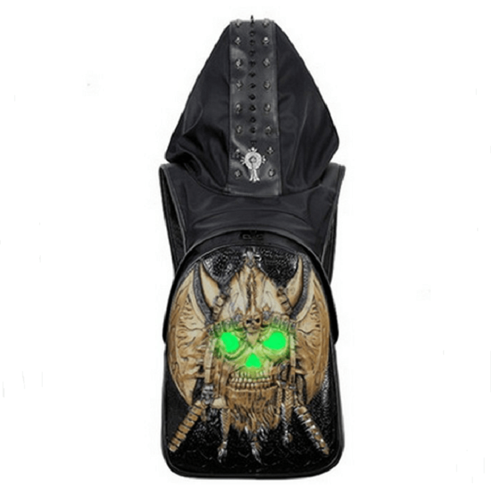 Rossie Viren 3D ghost skull backpack with glow-in-the-dark design, large capacity, unisex fashion handbag with hat and rivets.