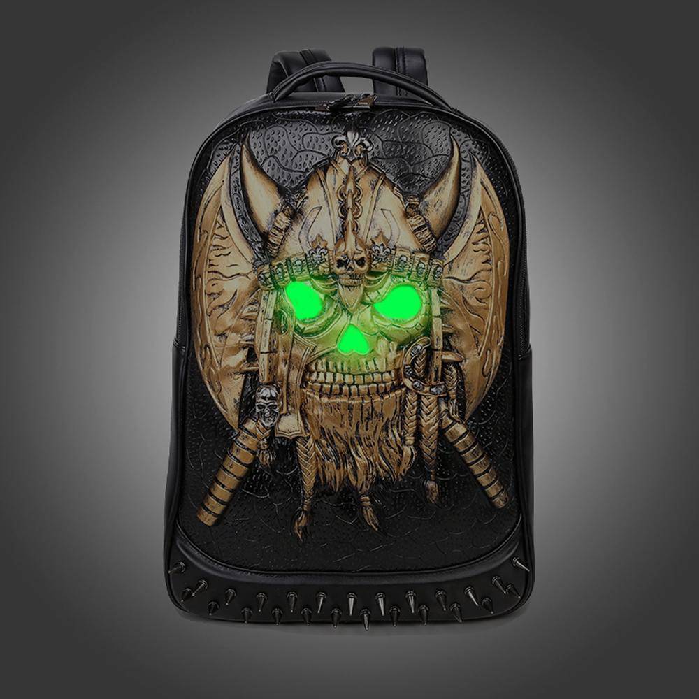 Rossie Viren 3D ghost skull backpack with glow-in-the-dark design, large capacity, rivets, and matching hat for teens or travel.