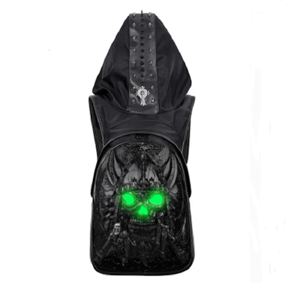 Rossie Viren 3D ghost skull backpack with glow-in-the-dark design, large capacity, rivets, and matching hat for teens and travelers.