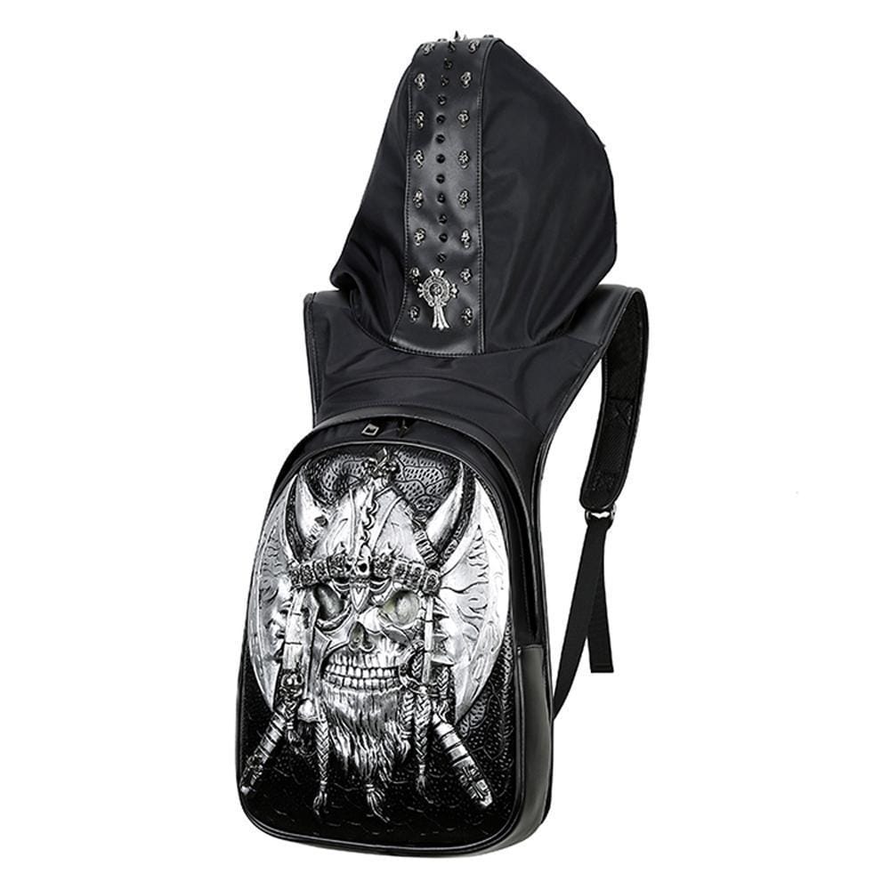 Unisex 3D ghost skull backpack by Rossie Viren with glow-in-the-dark details, large capacity, and included hat for travel and school.