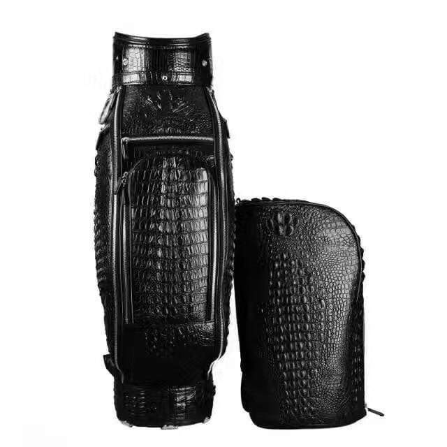 Crocodile leather golf set by Rossie Viren featuring golf cart bags, stand bags, and matching golf accessories.