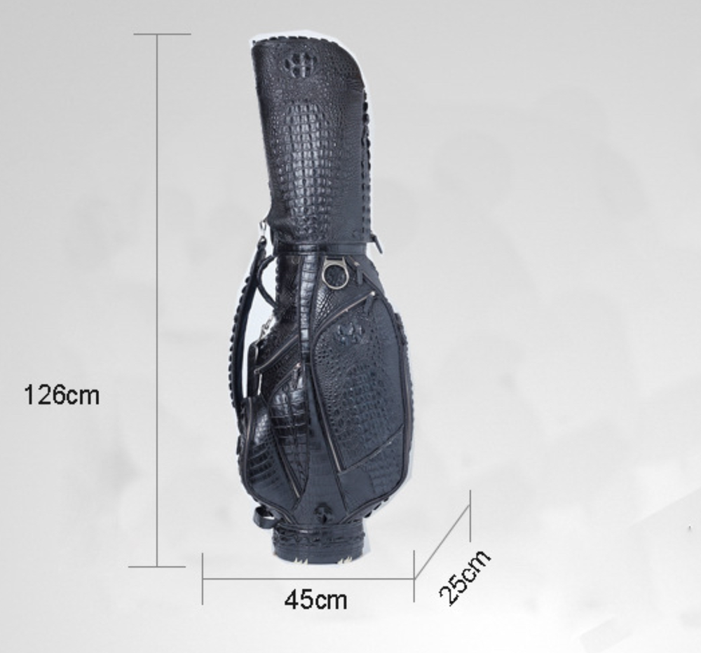 Pre-order Crocodile Leather Golf Set by Rossie Viren featuring golf cart and stand bags with luxurious crocodile design.
