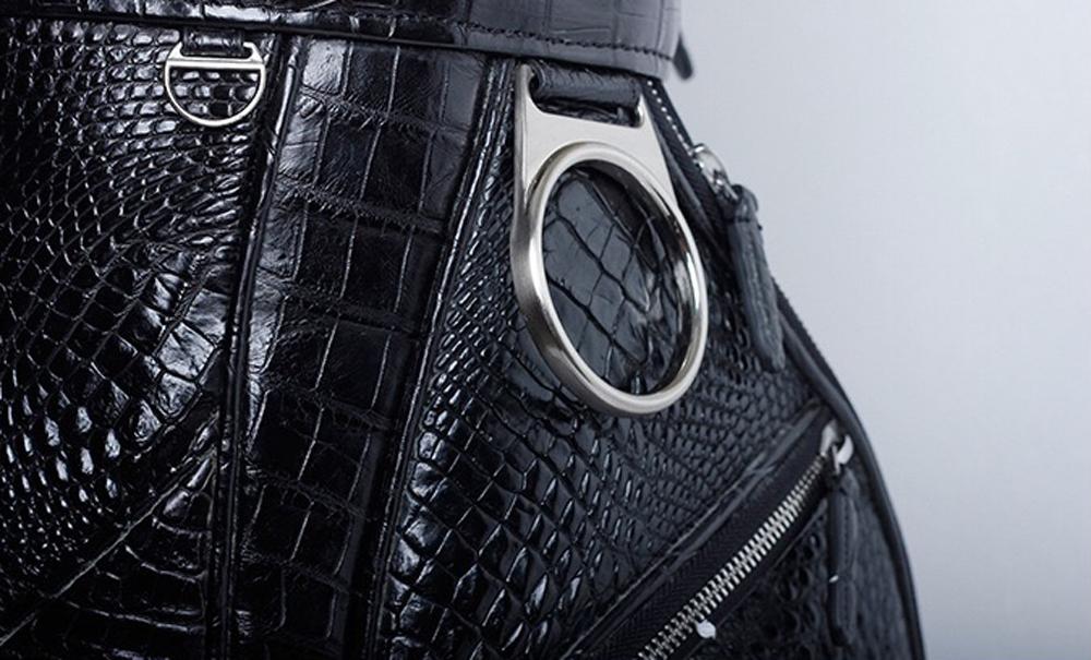 Pre-order Crocodile Leather Golf Sets by Rossie Viren, featuring golf cart, stand, and bag options with luxurious crocodile leather.