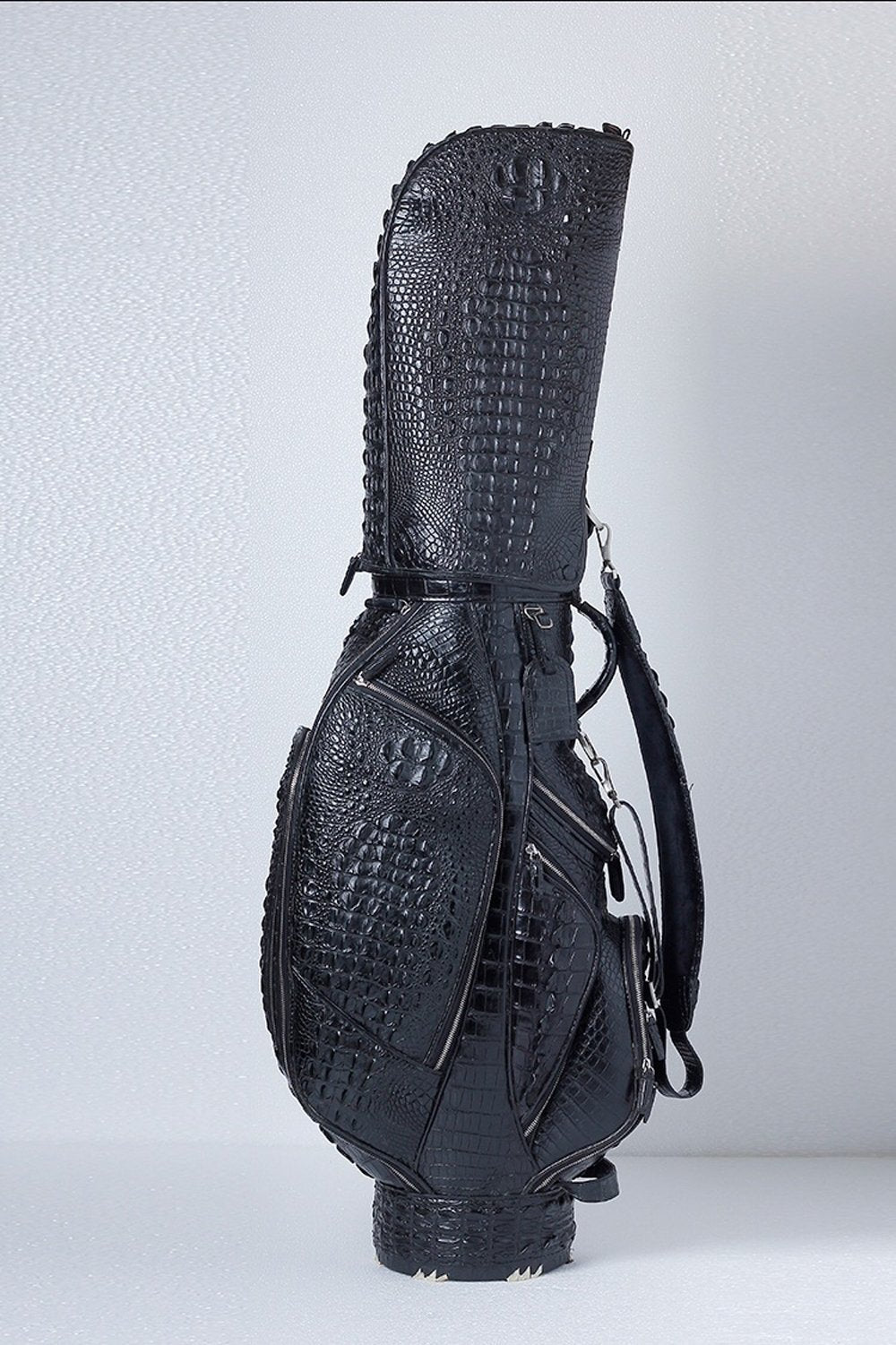 Pre-order Crocodile Leather Golf Set by Rossie Viren featuring golf cart and stand bags with luxurious crocodile leather finish.