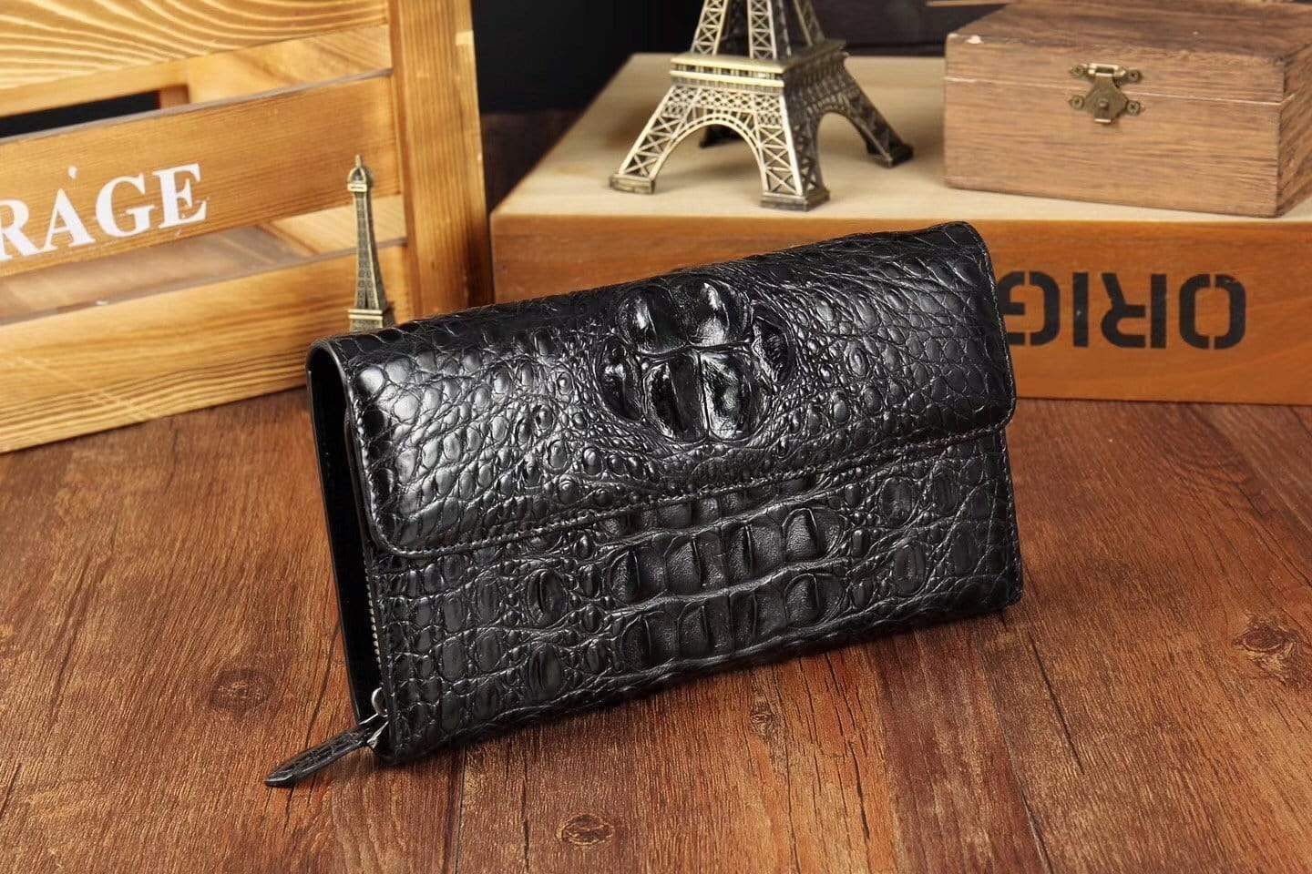 Black crocodile skin leather trifold wallet for men by Rossie Viren, featuring a sleek design and multiple card compartments.