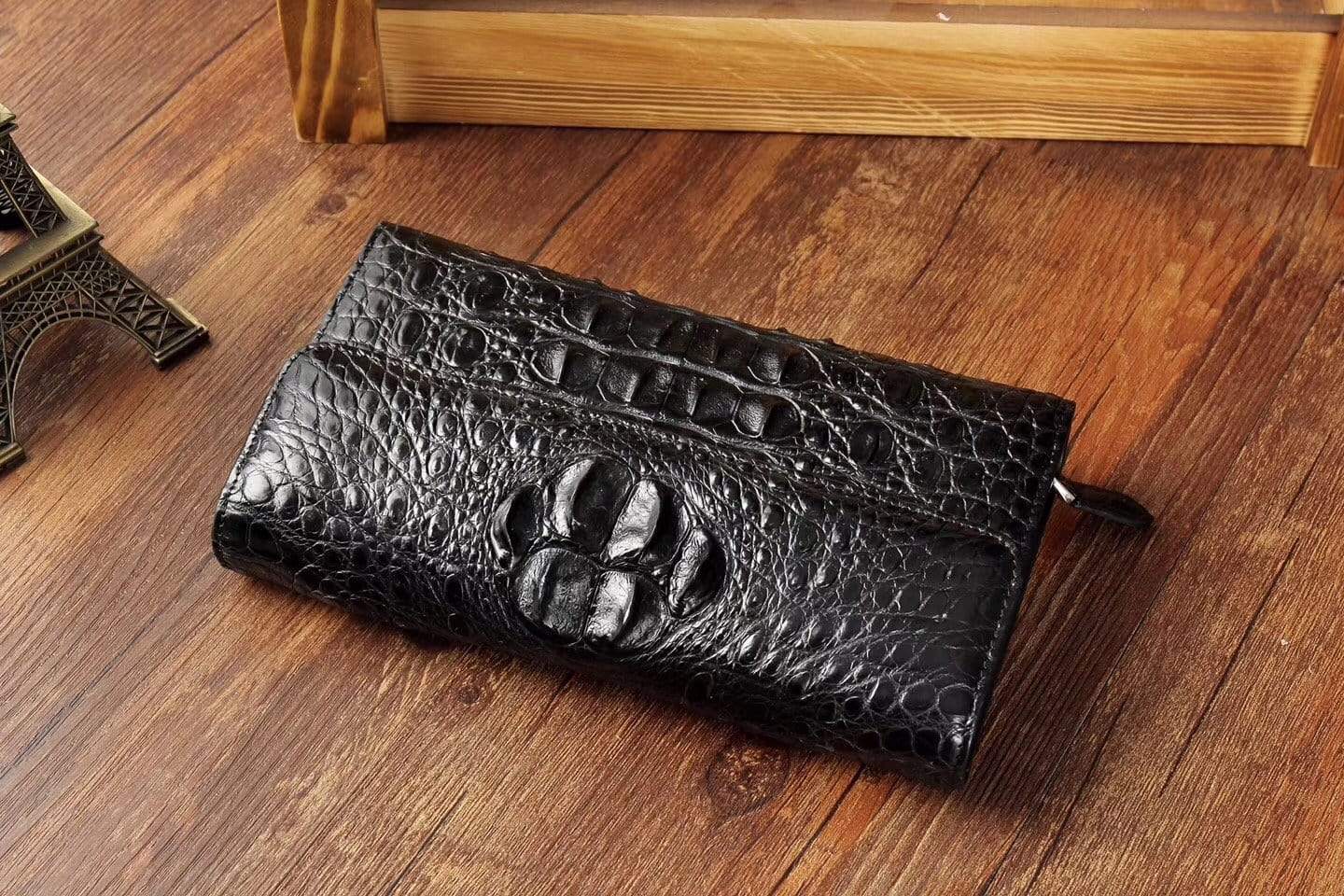 Black crocodile skin leather trifold wallet for men by Rossie Viren, featuring a sleek, textured belly leather design.