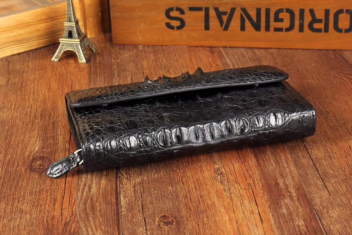 Black Crocodile Skin Belly Leather Trifold Wallet for men by Rossie Viren, featuring a sleek design and multiple card compartments.