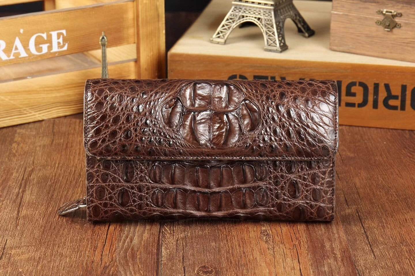 Black crocodile skin leather trifold wallet for men by Rossie Viren, featuring a sleek design and multiple card compartments.