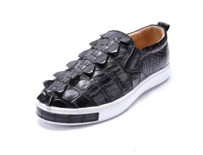 Black Rossie Viren men's crocodile bone leather driving shoes with slip-on design and flat sole for walking.