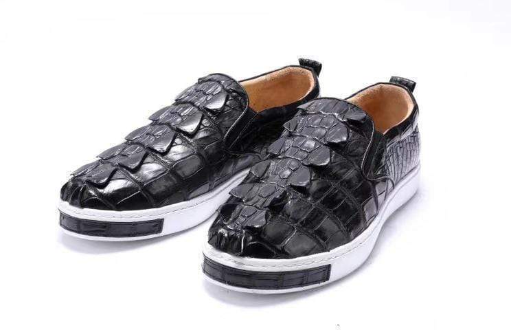 Black Rossie Viren men's crocodile bone leather driving shoes, slip-on flats with sleek design and comfortable walking sole.