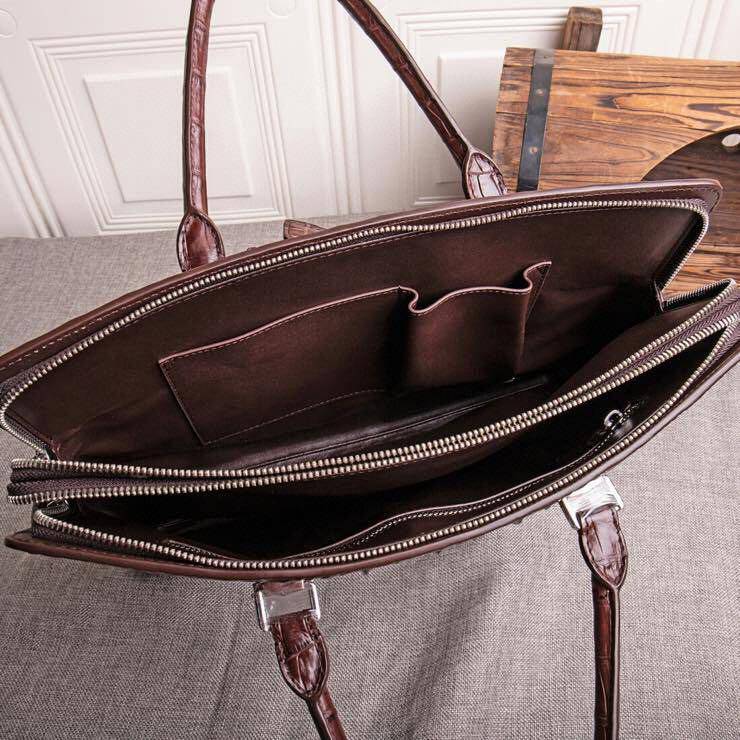 Brown crocodile leather men's briefcase by Rossie Viren, designed for laptops and computers, stylish and durable handbag.