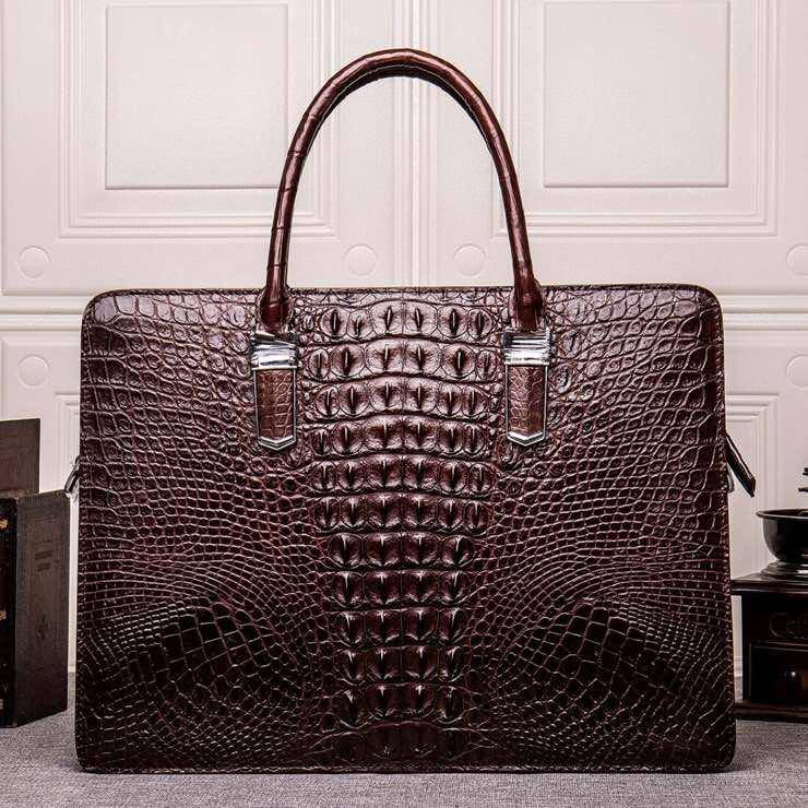 Brown men's crocodile leather briefcase handbag with laptop compartment by Rossie Viren, featuring a sleek, professional design.