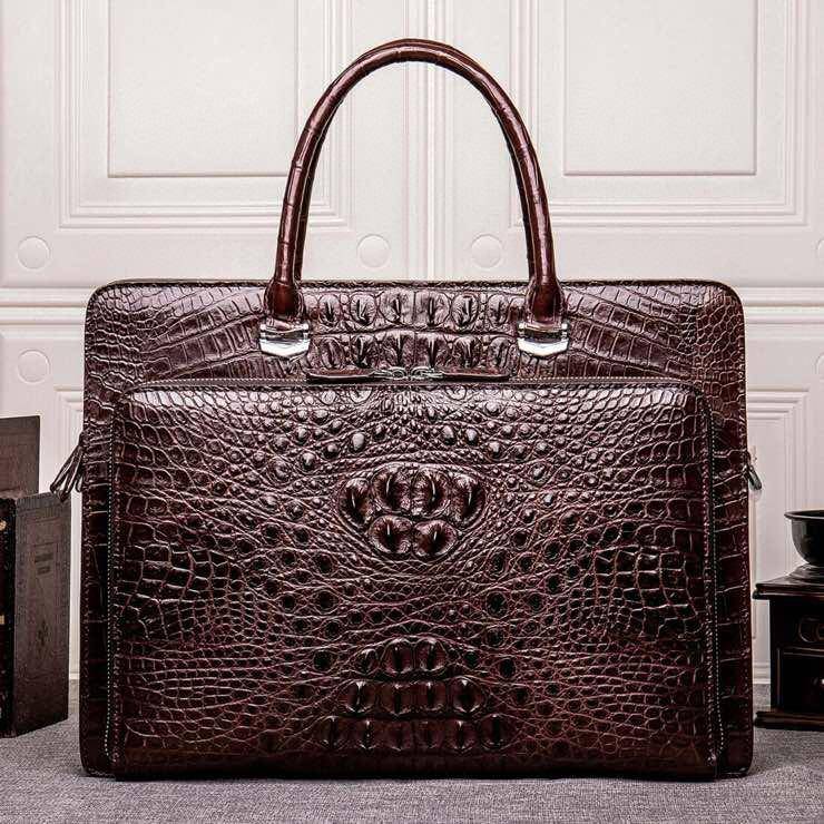 Brown crocodile leather men's briefcase handbag by Rossie Viren, designed for laptops and computers, with a sophisticated look.