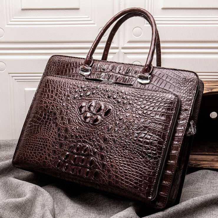 Brown crocodile leather men's briefcase handbag by Rossie Viren, designed for laptops and professional use.