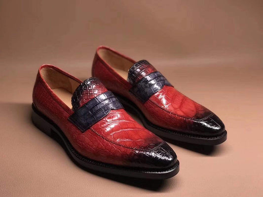 Crocodile Shoes Red Men's Crocodile Leather Loafers,Slip-Ons Diving Shoes, Penny Loafers Shoes