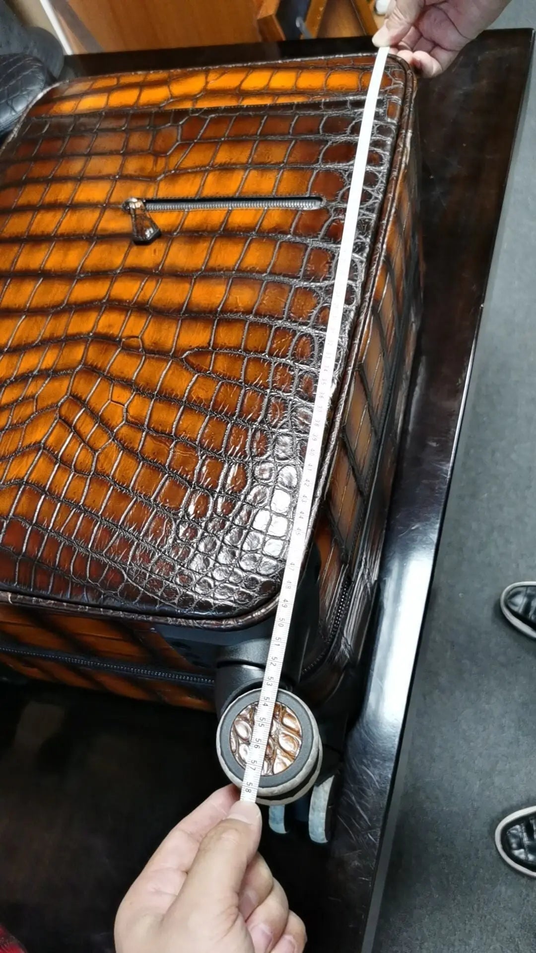 Retro brown crocodile leather trolley suitcase with universal wheels, 20-inch size, Rossie Viren travel bag and weekend case.