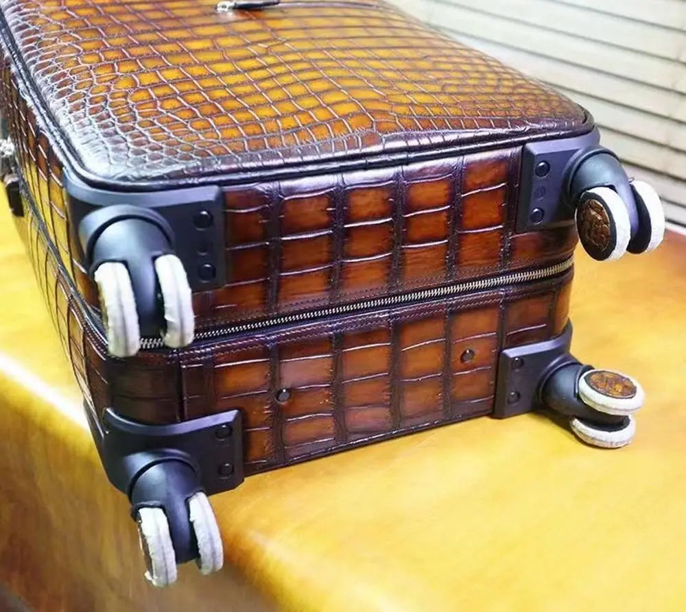 Retro brown crocodile leather trolley suitcase with universal wheels, 20-inch size, Rossie Viren travel bag and weekend case.