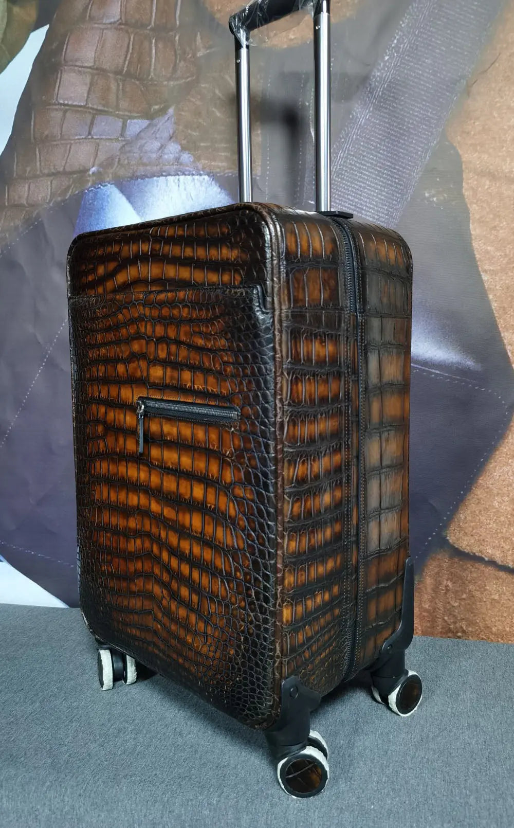 Rossie Viren 20-inch brown crocodile leather trolley suitcase with universal wheels, suitable for weekend and travel use.