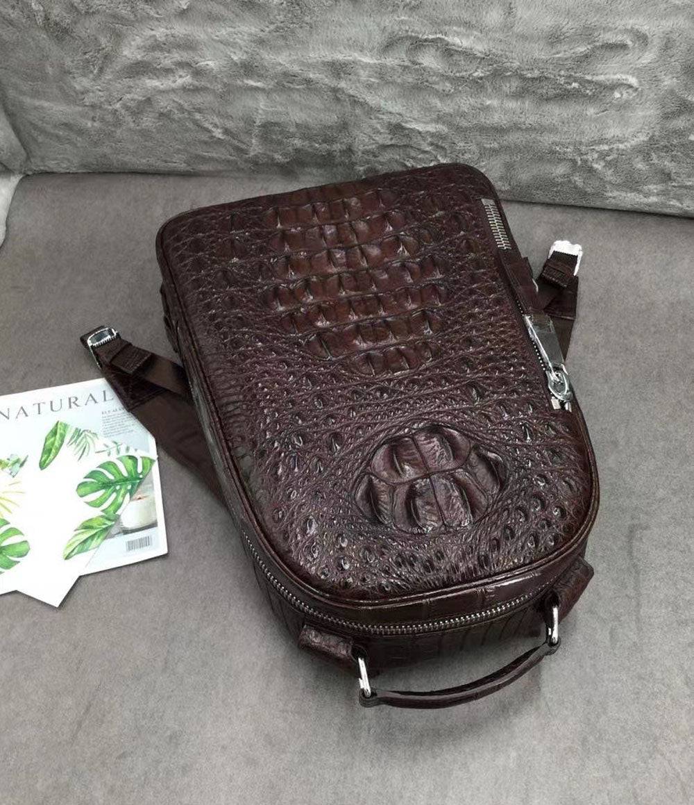 Large Rossie Viren crocodile skin leather backpack with textured crocodile pattern and sturdy straps, stylish and spacious for everyday use.