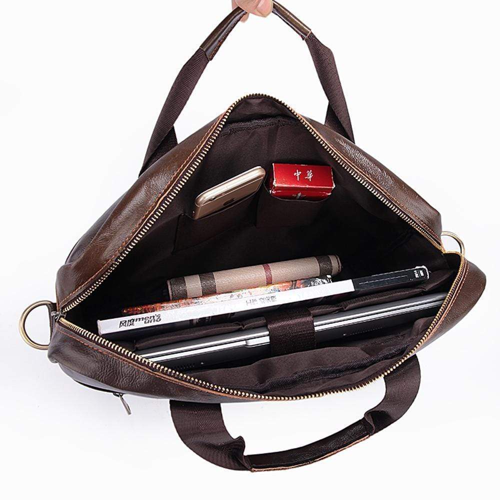 Rossie Viren handmade vintage leather briefcase for men, showing the classic brown leather handbag with sturdy handles and detailed stitching.