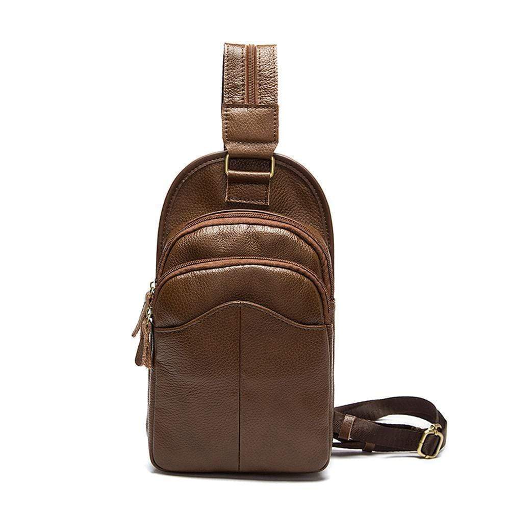 Rossie Viren men's genuine leather chest bag, a stylish crossbody sling handbag with a sleek design and adjustable strap.
