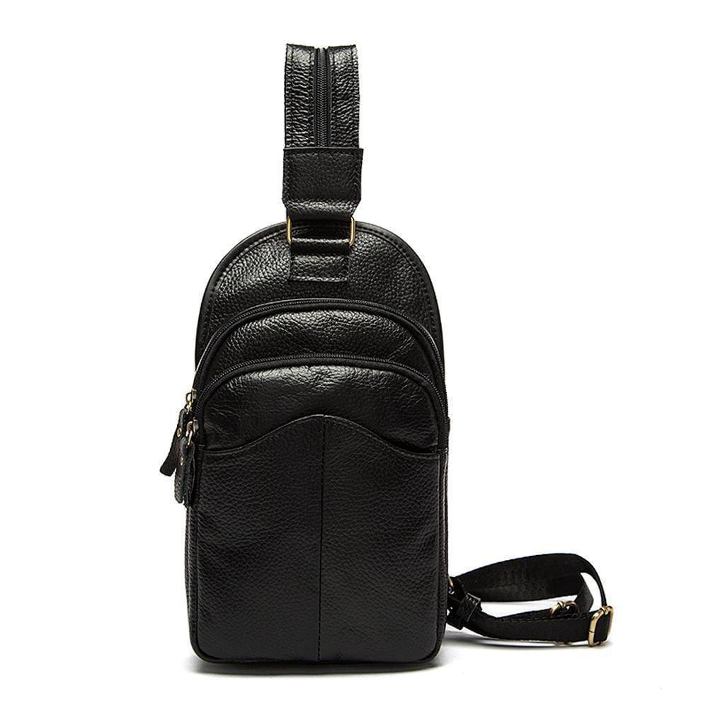 Rossie Viren men's genuine leather chest bag, crossbody sling handbag with sleek design and adjustable strap.
