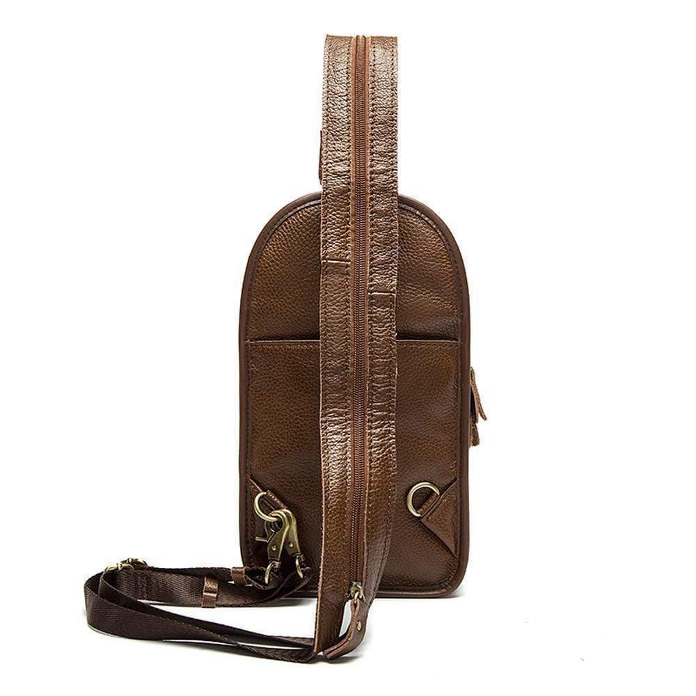 Rossie Viren men's genuine leather chest bag and crossbody sling bag with adjustable strap and multiple compartments.