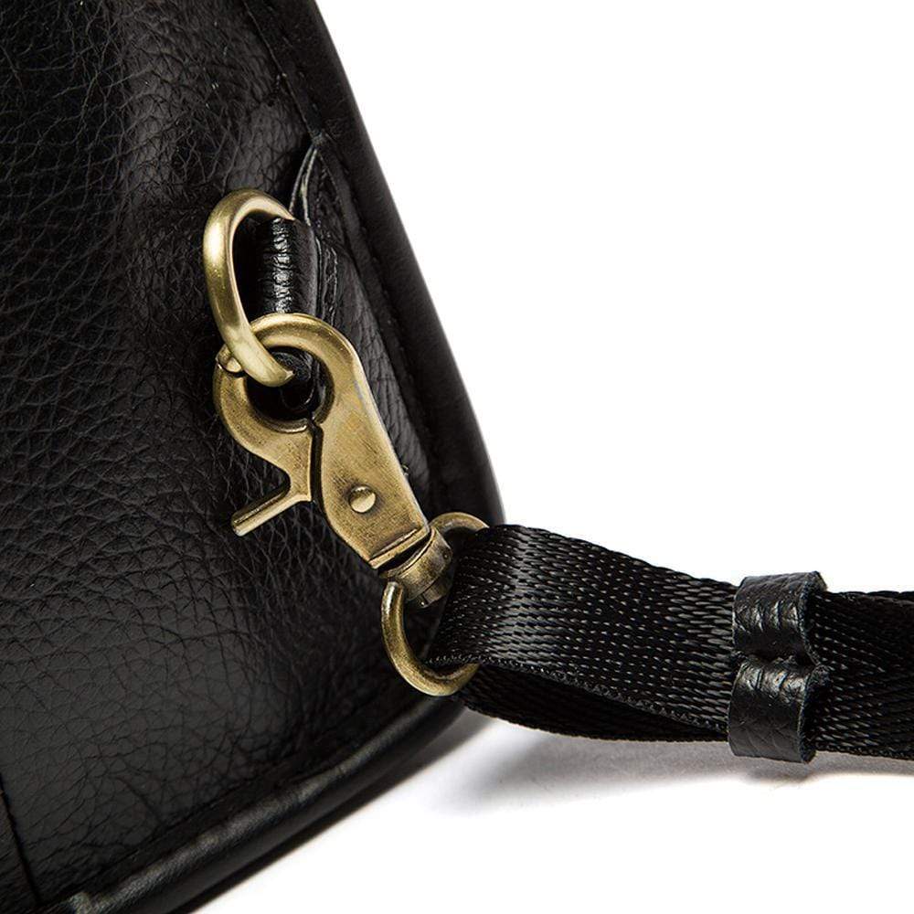 Rossie Viren men's genuine leather chest bag with crossbody strap, featuring a sleek business-style design and multiple compartments.