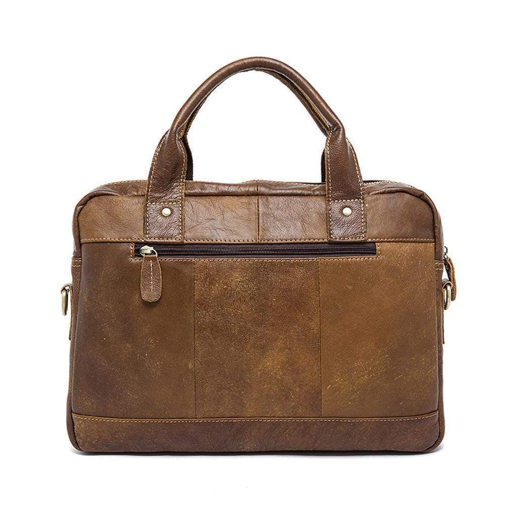 Rossie Viren men's leather briefcase with 14-inch laptop compartment, messenger style, shoulder strap, and crossbody design.