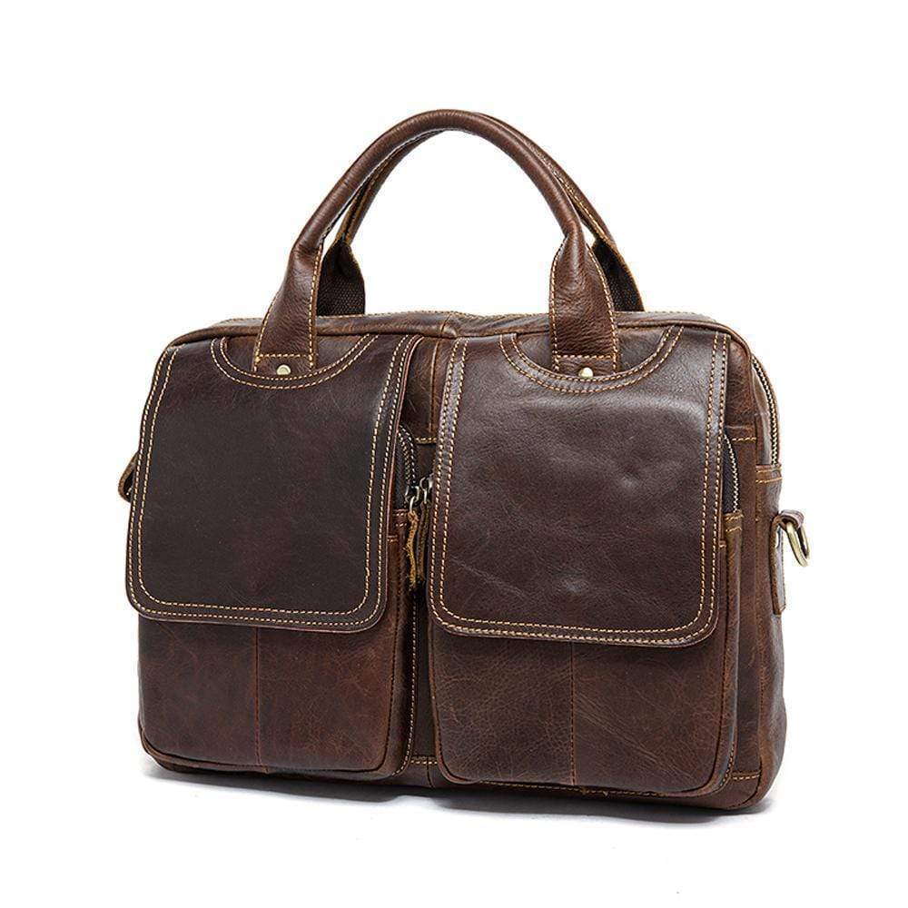 Rossie Viren men's leather briefcase with 14-inch laptop compartment, messenger shoulder strap, and crossbody design.