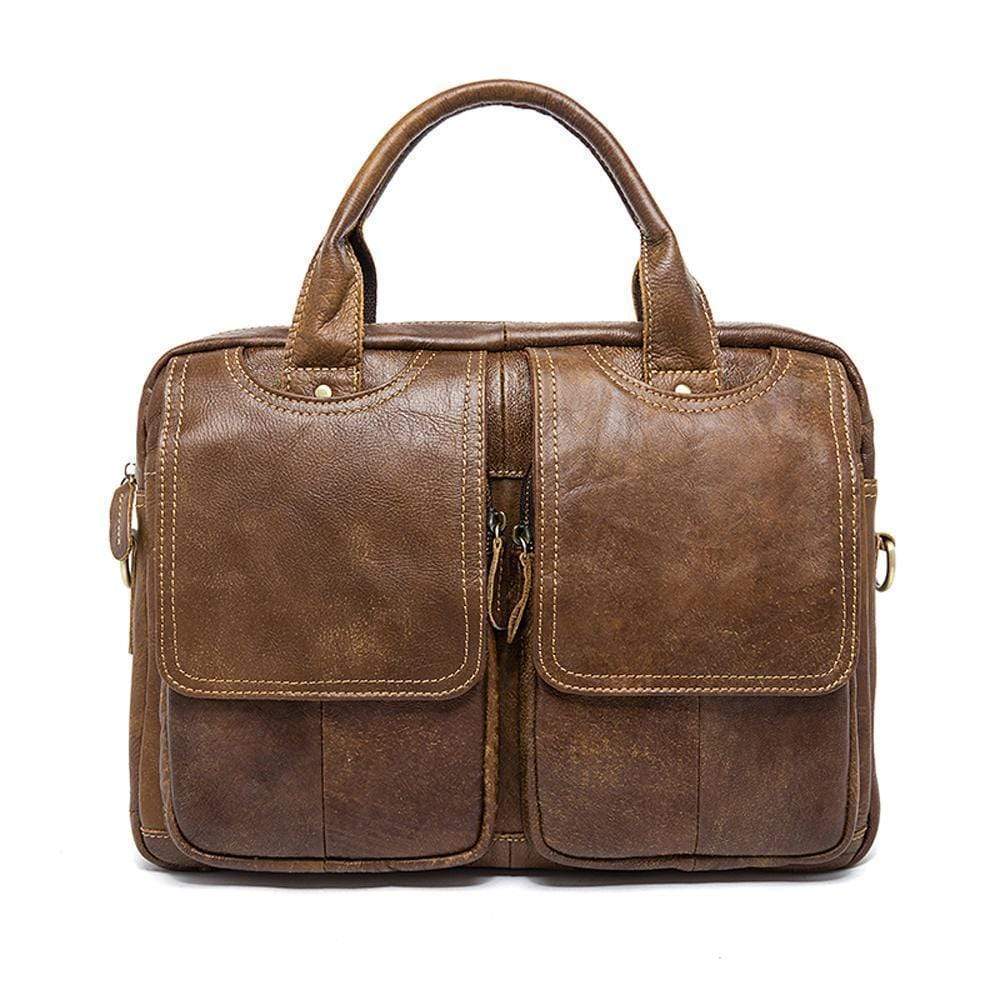 Rossie Viren men's leather briefcase with 14-inch laptop compartment, messenger style, crossbody strap, and genuine leather finish.