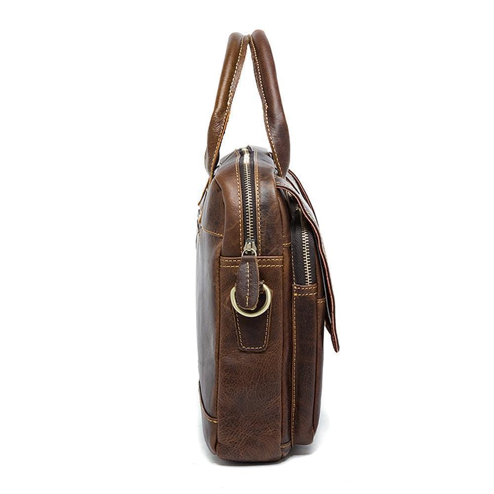 Rossie Viren men's leather briefcase with 14-inch laptop compartment, shoulder strap, and crossbody design, genuine leather finish.