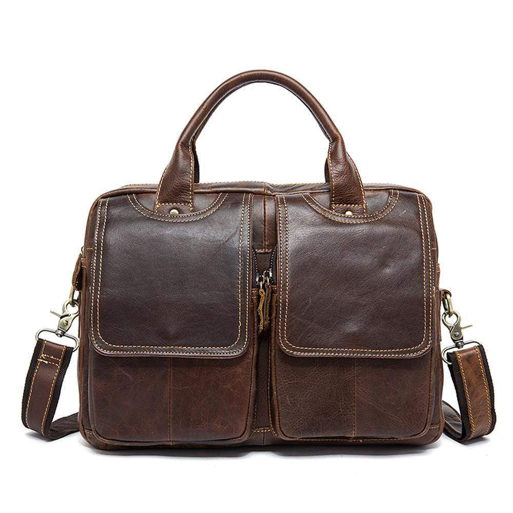 Rossie Viren men's leather briefcase and laptop bag with shoulder strap, genuine leather, 14-inch size, crossbody style.