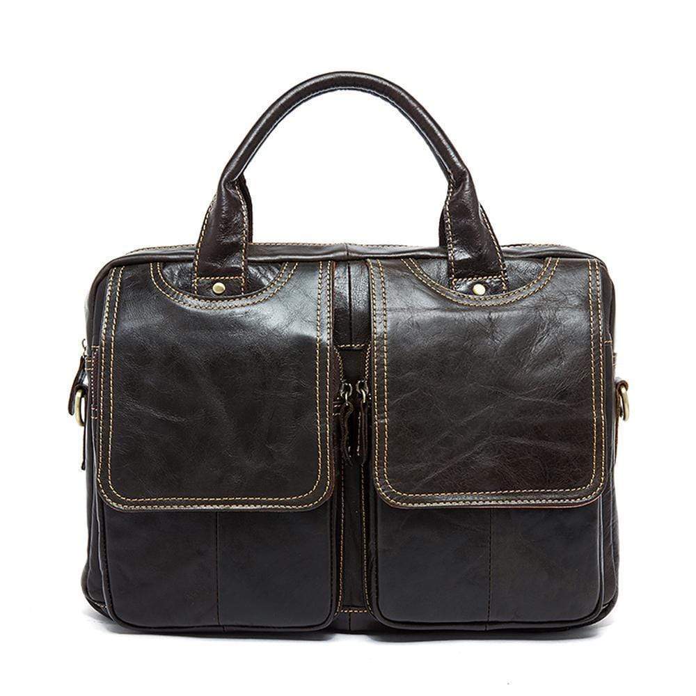 Rossie Viren men's leather laptop briefcase, 14-inch genuine leather messenger shoulder bag with crossbody strap.
