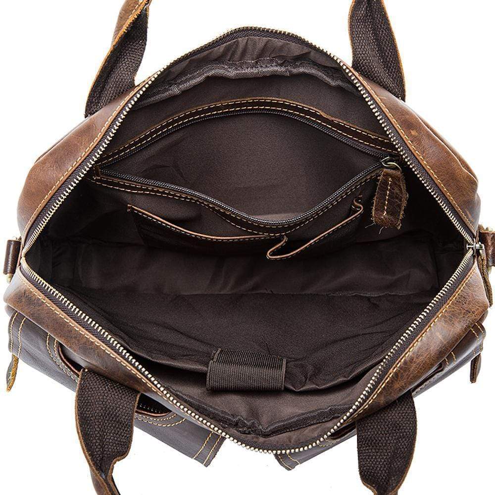 Rossie Viren men's leather briefcase with a 14-inch laptop compartment, featuring a messenger shoulder and crossbody strap.