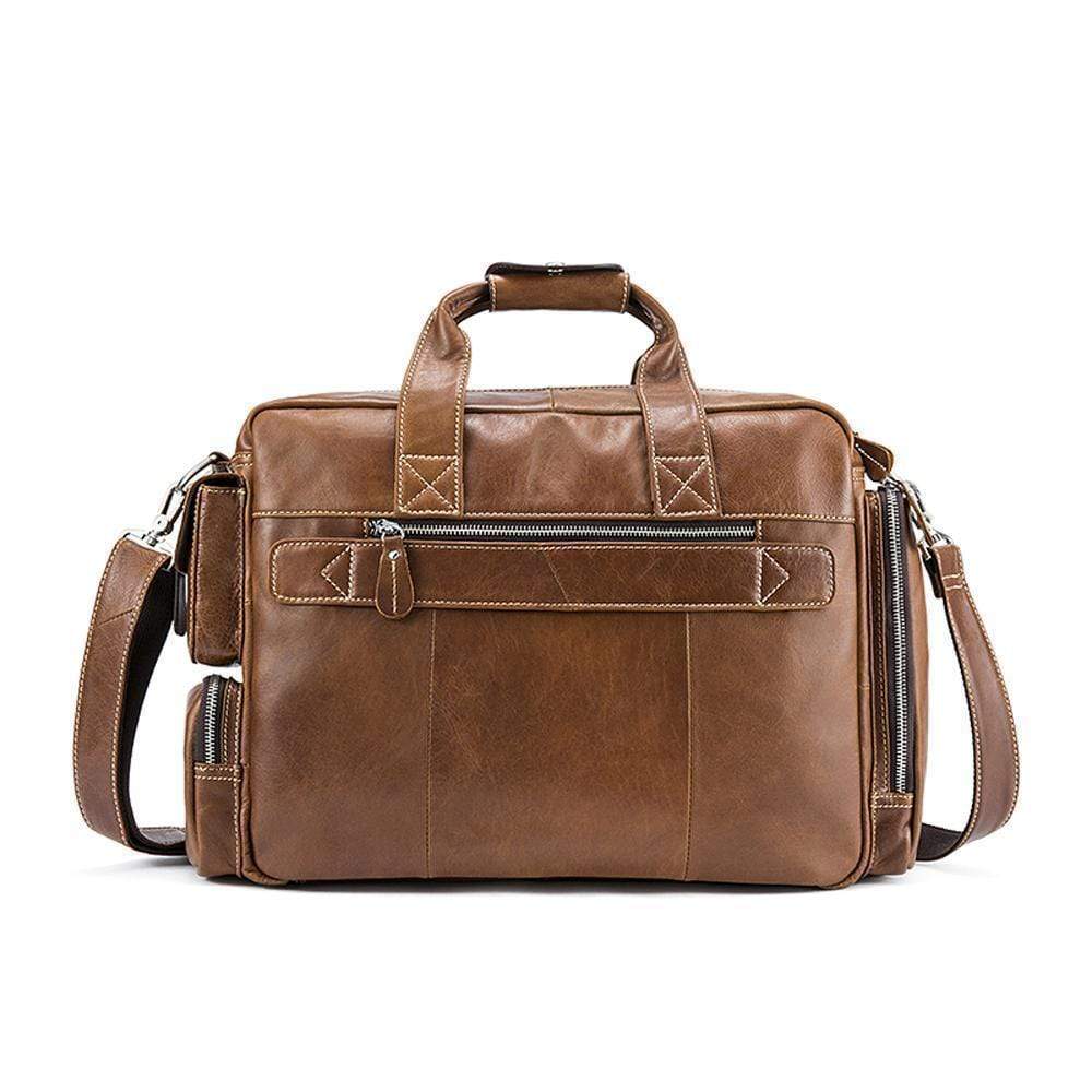 Rossie Viren men's large handmade vintage leather briefcase with shoulder strap, classic messenger bag design.