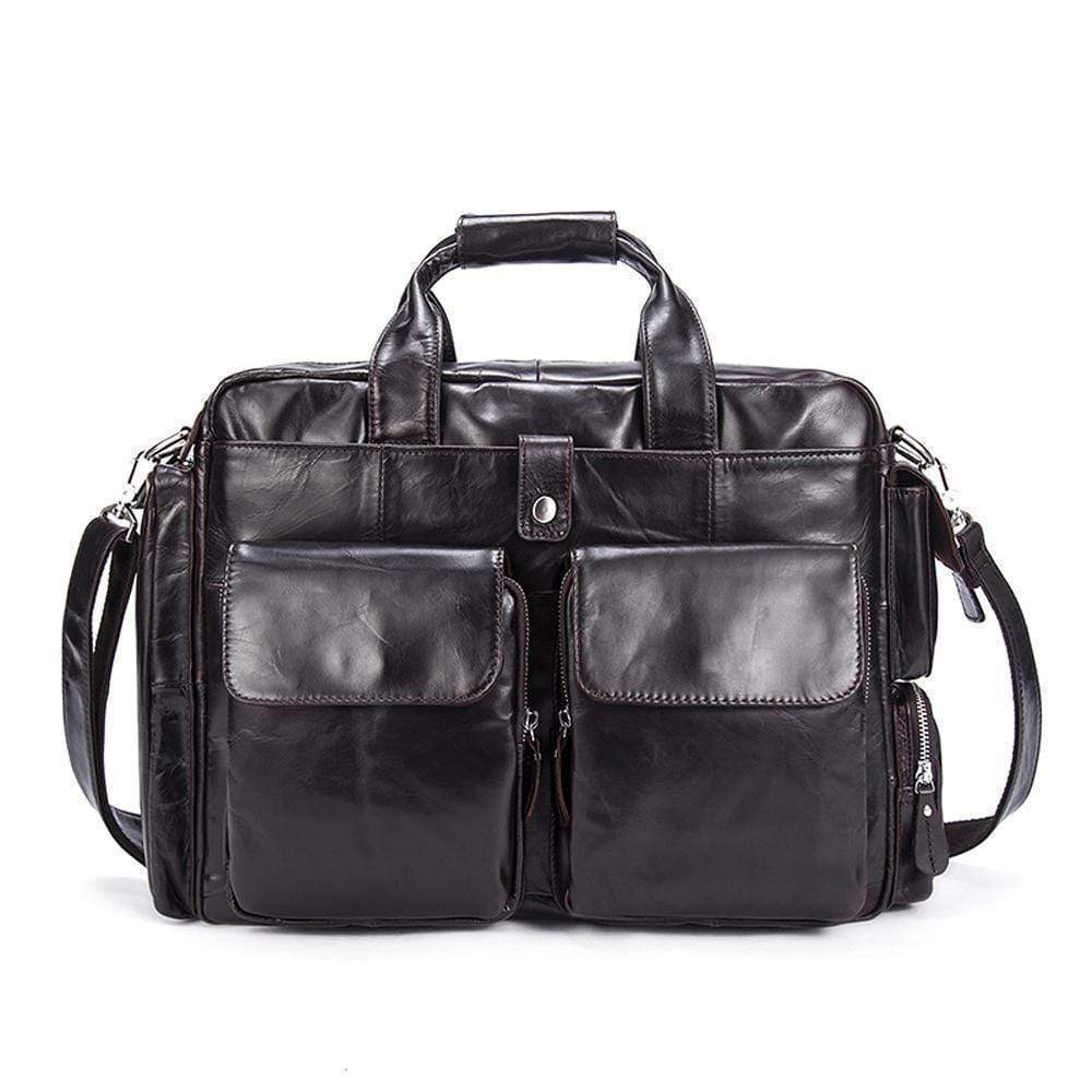 Rossie Viren men's large handmade vintage leather briefcase with shoulder strap and classic design.