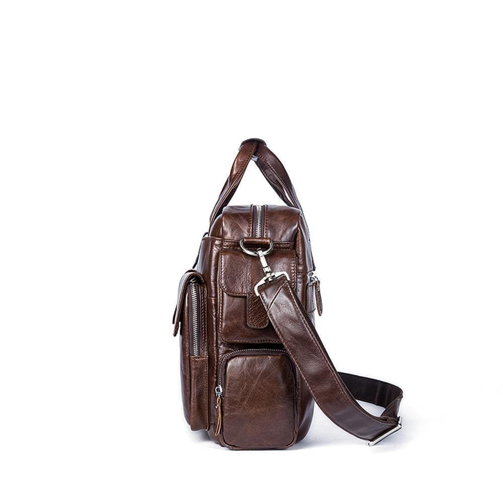 Rossie Viren men's large vintage leather briefcase with messenger shoulder strap, handmade with classic leather craftsmanship.