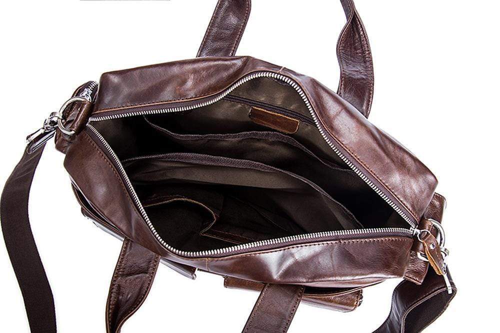 Rossie Viren men's large handmade vintage leather briefcase with shoulder strap, classic messenger handbag with detailed stitching.