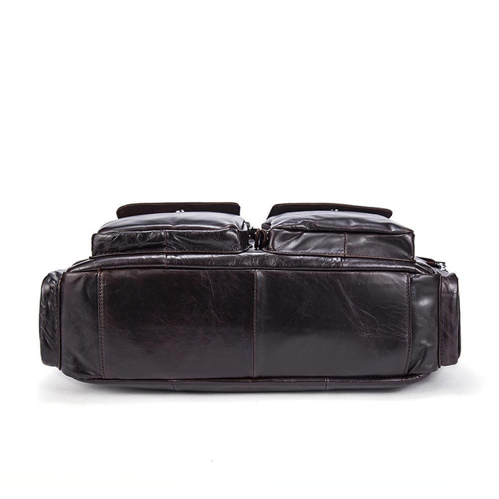 Rossie Viren men's large handmade vintage leather briefcase messenger shoulder bag showing textured leather and sturdy strap.