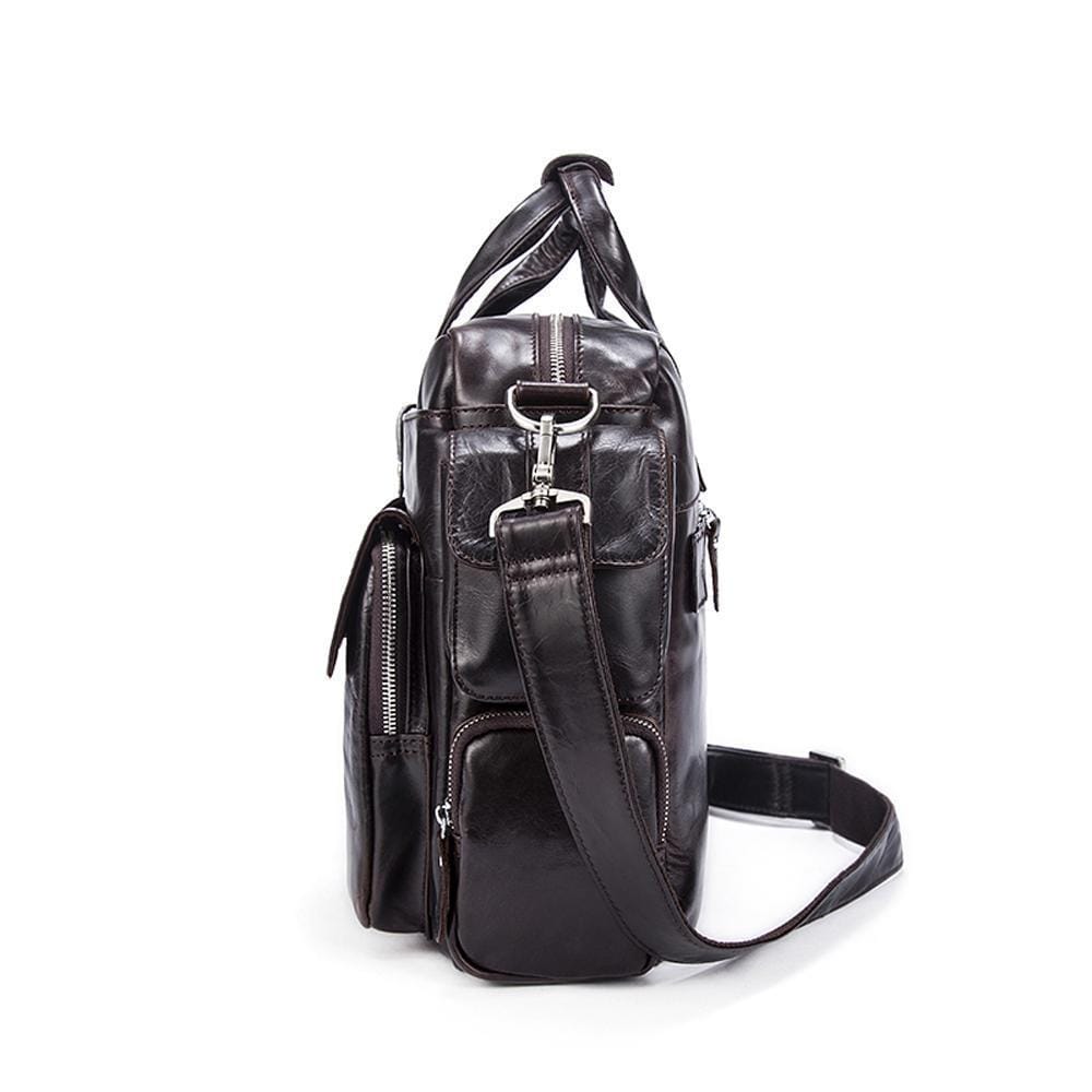 Rossie Viren men's large handmade vintage leather briefcase messenger shoulder bag showing front view and leather texture.
