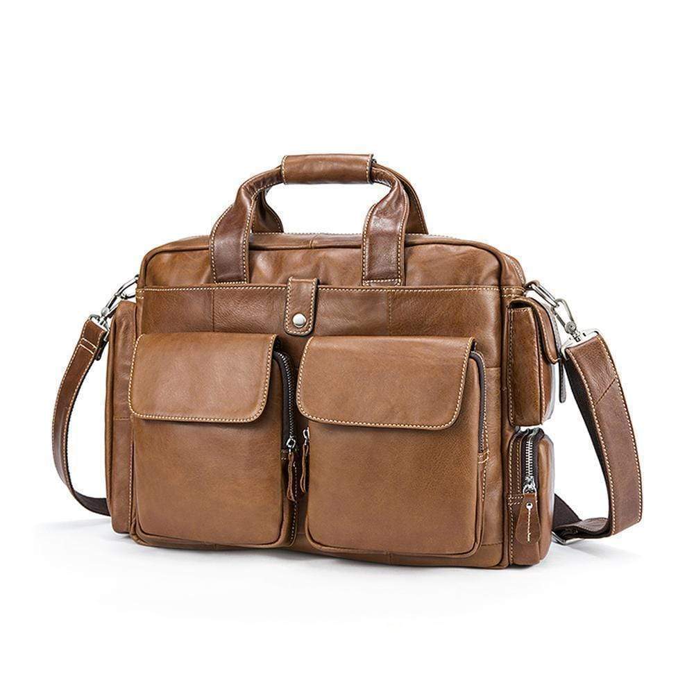Rossie Viren men's large handmade vintage leather briefcase messenger shoulder bag with sturdy handle and classic design.