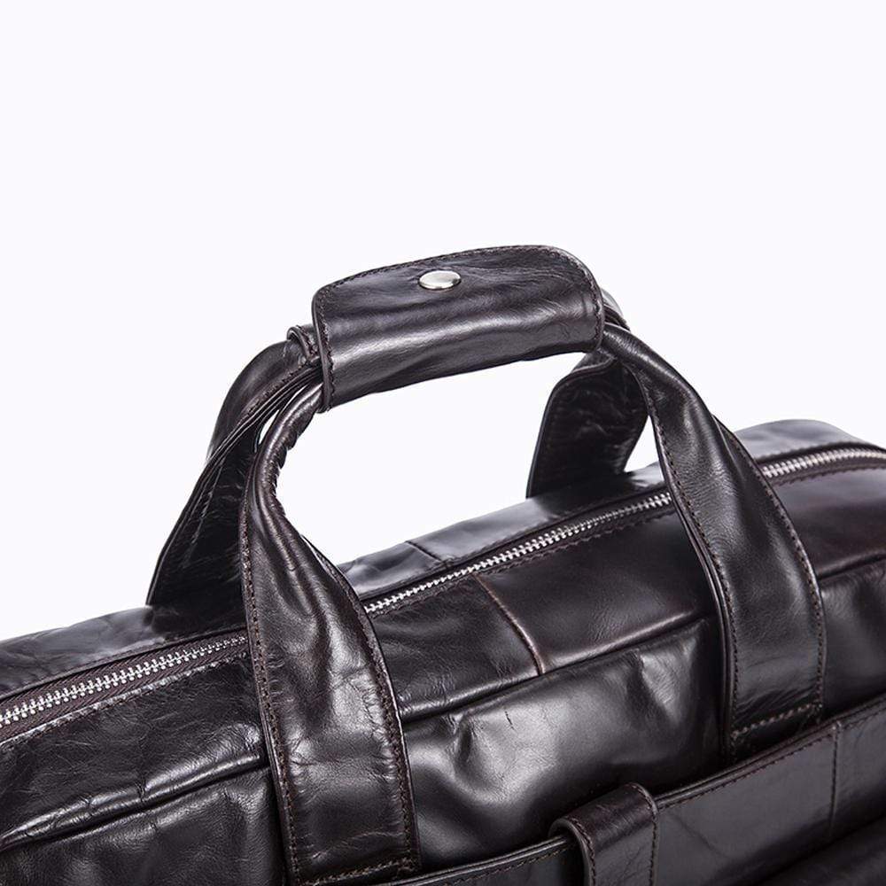 Rossie Viren men's large vintage leather briefcase with shoulder strap, handmade leather messenger handbag, detailed stitching and classic design.